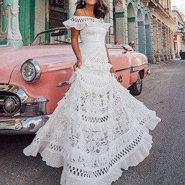 Woochic robe cocktail col bateau dentelle brodée ceinture taille haute blanc S